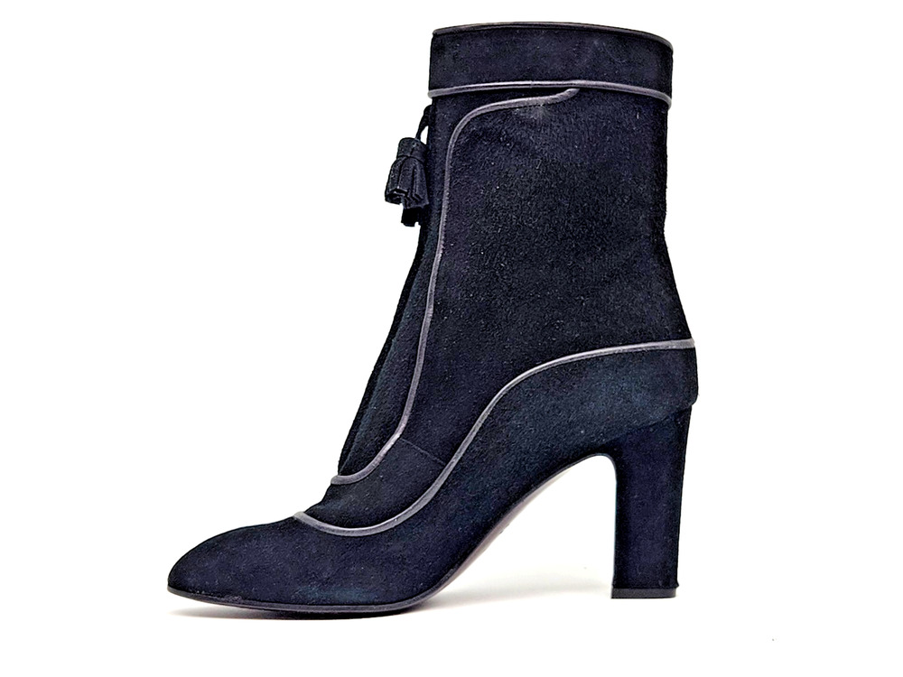 Nanette Lepore Black Suede High-Heel Ankle Boots Leather Trim & Tassel 10B Italy